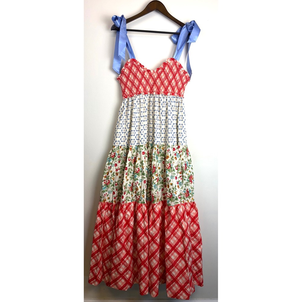 Free People Bluebell Maxi Dress M Cherry Patchwork Floral Plaid Smocked Tiered